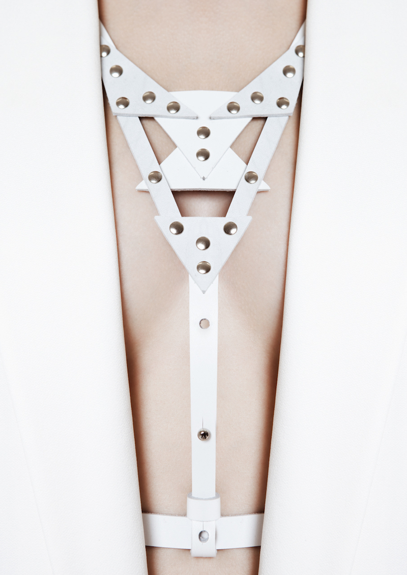 white leather harness